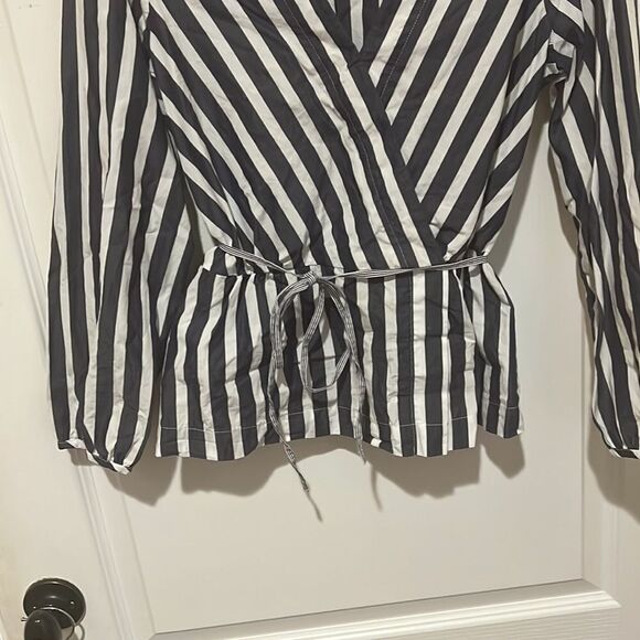 J Crew Blue and White Striped Peplum Tie Waist Blouse - Picture 3 of 7